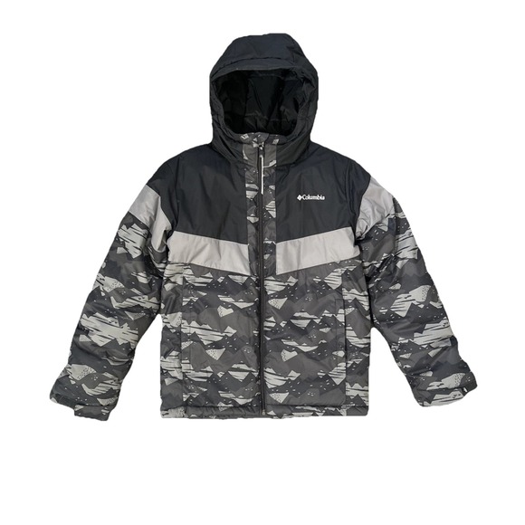 Columbia Youth Large 14/16 Black Gray Camo Hooded Winter Jacket Outgrown System - Picture 1 of 7